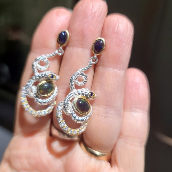 Black Opal sapphire &Topaz Sterling &Gold serpent 🐍 earrings - Picture 5 of 9
